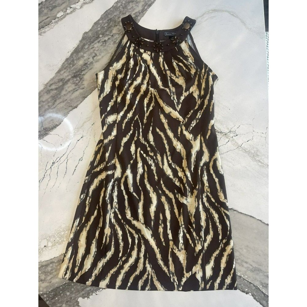 Jessica Howard Sleeveless Zebra/Cheetah Strip Beaded Neckline Mid Length Sz 10 - Picture 1 of 8